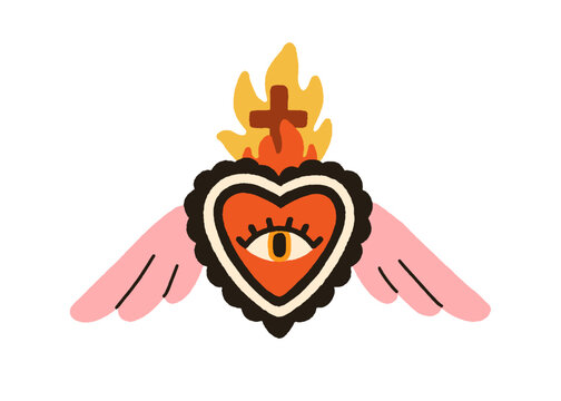 Mexican heart, love symbol with wings, burning fire flame, crown and religious cross. Mexico corazon with watching eye, sacred valentine. Flat vector illustration isolated on white background