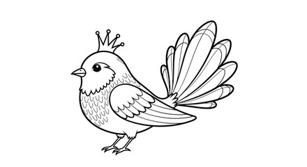 Fototapeta premium Black and white line art coloring page of a cute fantasy bird with a little crown and a large, magnificent feathered tail.