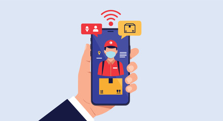 Fototapeta premium Hand holding a smartphone with a delivery service app, showing a courier in a mask and package tracking icons for online shopping.