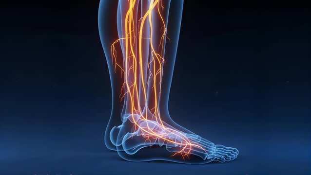 Human Anatomy Legs with glowing orange varicose veins , x-ray 3d Medical illustration, blue background