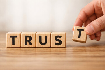 Human hand putting wooden cube block to make word marketing ethics and building trust for confident honest business relation