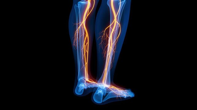 Human Anatomy Legs with glowing orange varicose veins , x-ray 3d Medical illustration, black background