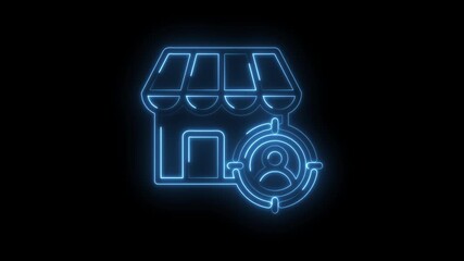 Neon blue outline of a store with a target reticle focusing on a person icon representing
