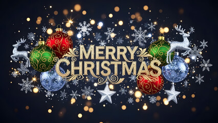 Merry Christmas festive decorations with ornaments and snowflakes