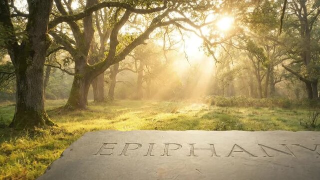 A breathtaking natural landscape unfolds with ancient, moss-covered trees bathed in the golden glow of sun rays piercing through a serene, ethereal mist. The tranquil forest floor, covered in lush gre