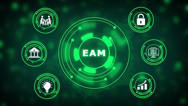 Digital EAM Enterprise Asset Management concept with icons and glowing green HUD elements technology
