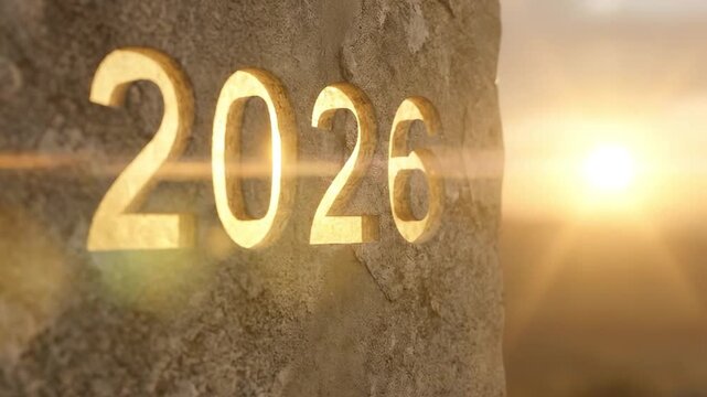 A captivating close-up features the metallic numbers "2026" crafted with intricate gears, set against a backdrop of weathered wooden planks. Lush green ivy gracefully intertwines around the rustic dis