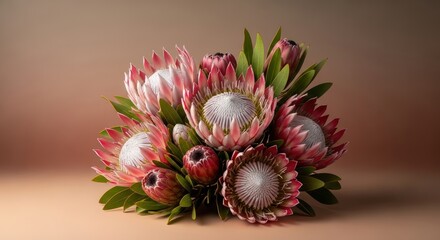 Exotic king protea bouquet arranged against a monochromatic backdrop