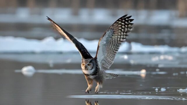 Owl swooping down over icy waters with wings spread wide