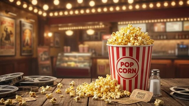 A classic red and white striped bucket overflows with freshly popped golden popcorn, spilling tempting pieces across a rustic wooden table. Vintage-style movie tickets, a glistening salt shaker, and o