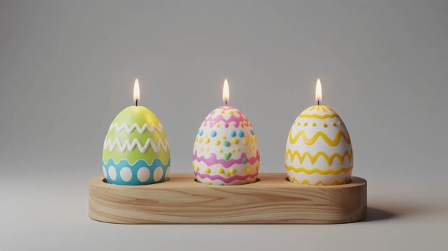 Lit egg-shaped candles on wooden holder.