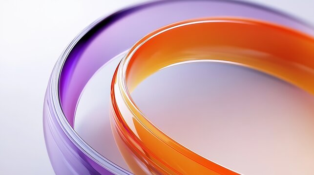 Orange Purple Curved Glass Rings Close-up with Shallow Depth of Field, Minimalist 3D Render