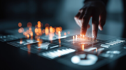 Executive hand interacts with digital data layers