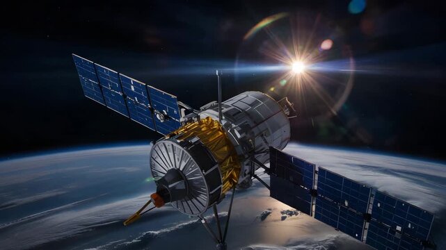 Satellite in orbit around Earth with solar panels deployed in space