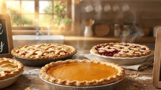 A delightful arrangement of freshly baked, steaming pies graces a rustic wooden kitchen table, bathed in soft, natural sunlight from a bright window. Varieties include a golden pumpkin pie, a lattice-