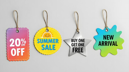 Colorful Shopping Price Tags Set with Summer Sale Discount BOGO and New Arrival Promotions on String