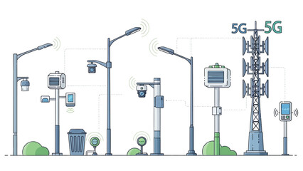 Smart City 5G Network Infrastructure with Sensors and Lights Vector