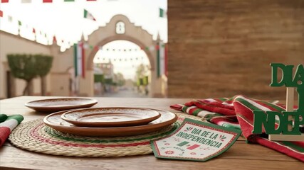 A festive table is meticulously set for a joyful celebration, showcasing traditional earthenware plates artfully arranged on a round, woven placemat. The placemat and accompanying folded napkin displa