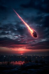 Feuriger Meteorit über Stadt bei dramatischem Abendhimmel 