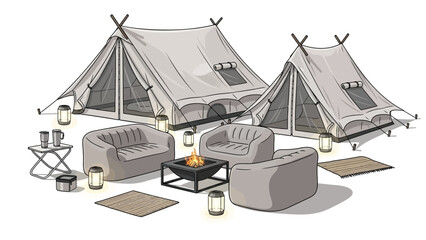 Glamping set with luxury tents outdoor furniture and fire pit vector