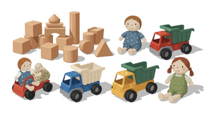 Montessori wooden toys set with blocks trucks and fabric dolls vector