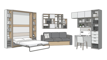 Modular murphy bed set with sofa desk and shelving unit vector