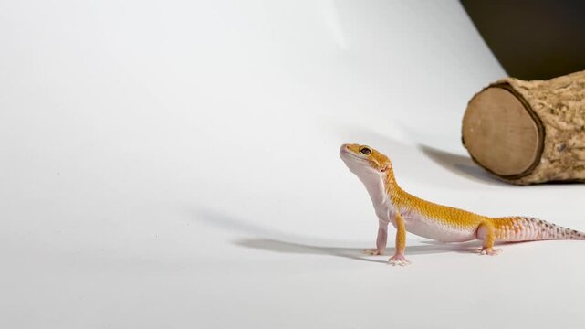Macro Shot of an Orange Leopard Gecko Climbing a Wooden Branch