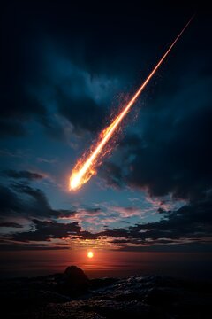 Leuchtender Meteorit am Himmel &uuml;ber dem Meer bei Sonnenuntergang
