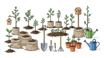 Gardening Tools and Sapling Planting Vector Illustration Set