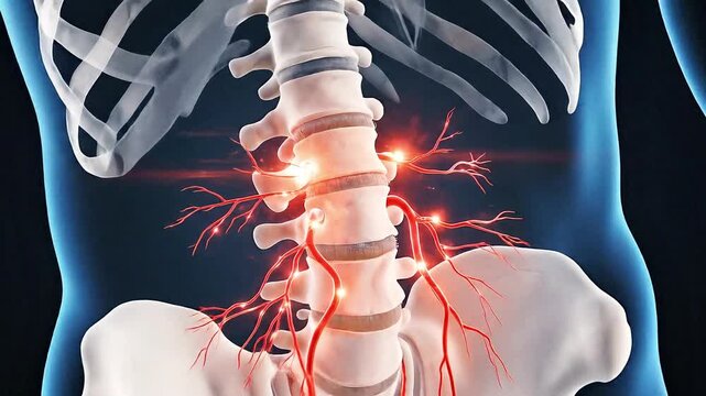 Lower spine and pelvis anatomical illustration with glowing red nerve pain points and branching vessels.