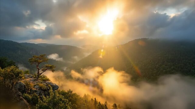 A magnificent natural landscape unfolds with a dramatic sky illuminated by radiant golden light, suggesting either sunrise or sunset. Majestic sunbeams pierce through the clouds, casting an ethereal g