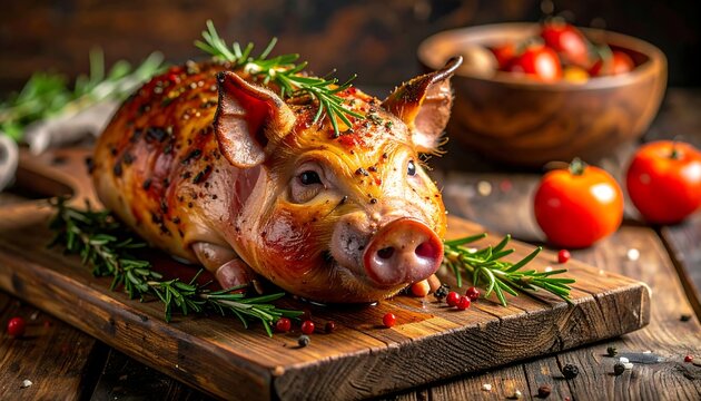 A roasted whole pig adorned with herbs and spices, ready to eat