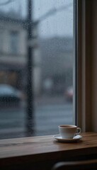 Rainy Caf&eacute; Window Background with Warm Light and Coffee-Themed Border