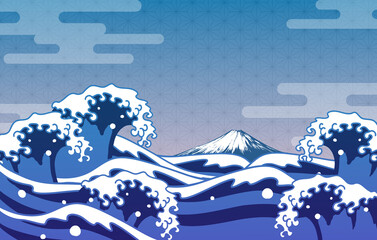 浮世絵風の波と富士山の和風背景