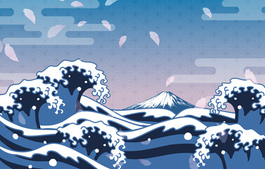 浮世絵風の波と富士山に桜が舞う和風背景