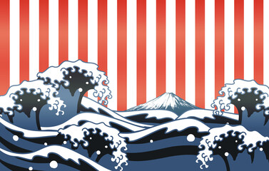 浮世絵風の波と富士山にストライプ背景の和風イラスト