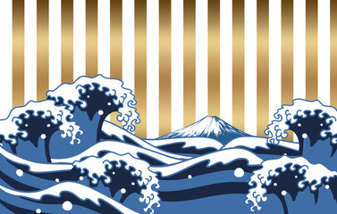 浮世絵風の波と富士山にストライプ背景の和風イラスト