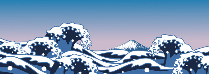 浮世絵風の波と富士山の和風背景　横長