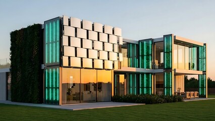 Modern office building with green windows.