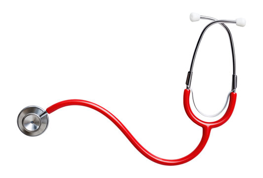 Professional medical stethoscope with red tubing and metal chest piece for examination, isolated on transparent background
