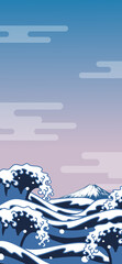 浮世絵風の波と富士山の和風背景　縦型