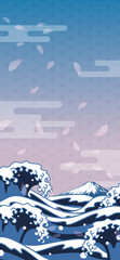 浮世絵風の波と富士山に桜が舞う和風背景　縦型