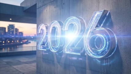 A sleek, futuristic 3D render features the glowing "2026" in brilliant blue light, embedded into a modern concrete wall. The design radiates a technological aesthetic, positioned against a softly blur