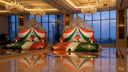 Luxurious indoor Republic Day stage with twin tricolor-draped setups, chandeliers, floral arrangements and polished reflections, perfect setting for cultural programs, speeches and national celebratio