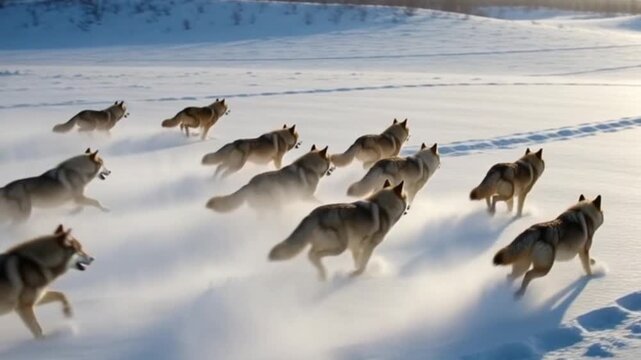 3D illustration of a pack of wolves running across a snowy field in winter.