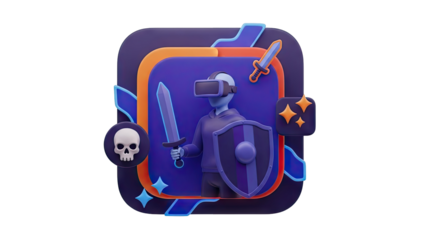 3D VR Gamer with Sword and Shield on transparent background