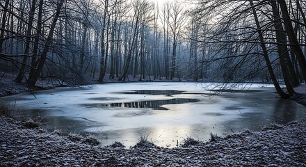 Frozen pond landscape with trees and overcast sky winter scenery