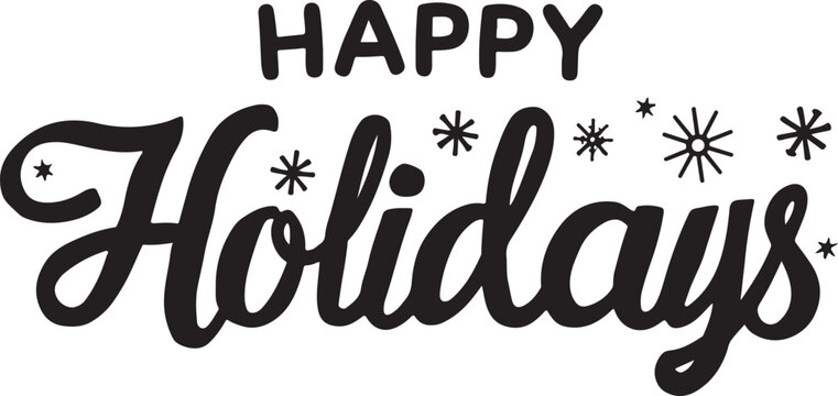 Bold black text " HAPY Holidays" in a mix of block and script fonts with small snowflake graphics on a white background