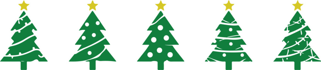 Fototapeta premium Five Stylized Green Christmas Trees with Yellow Stars on White Background decoration holiday