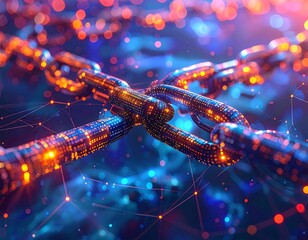 Close-up digital glowing chain links intertwined